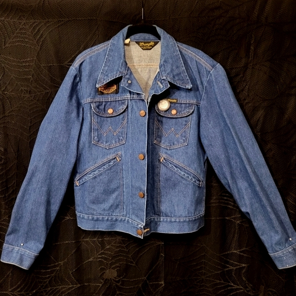 Vtg 70s Wrangler denim Harley Davidson Jack Daniels patch jean jacket 40/M NWOT